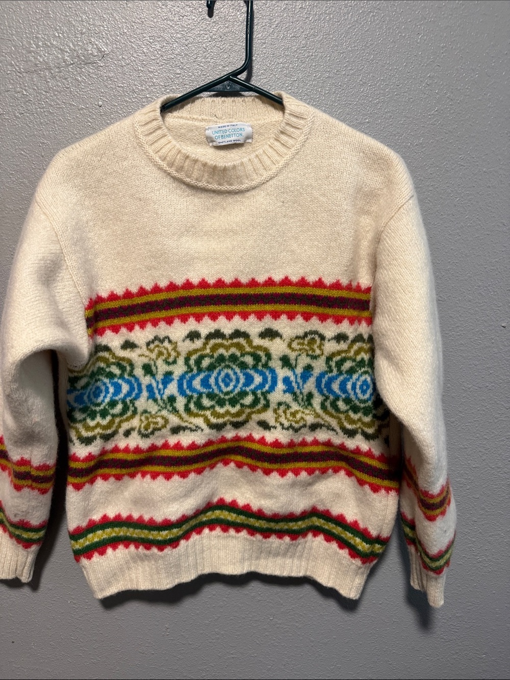 United Colors of Benetton Cream Fair Isle Wool Sweater vintage
